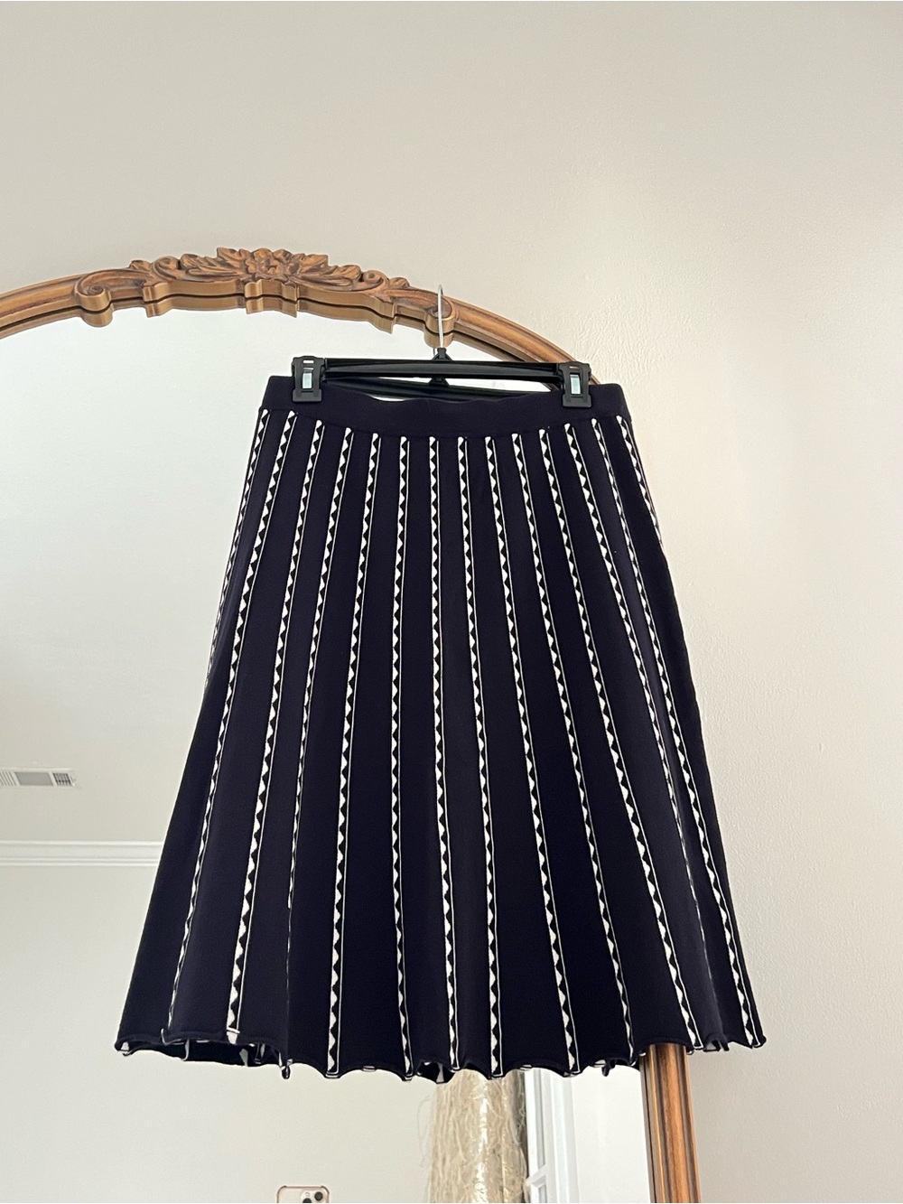 Dark navy Knit Pleated A-Line Skirt with White Trim
